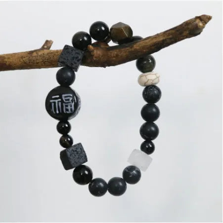 Hand-woven black agate ceramic bracelet with natural stone geometric round beads, unisex design