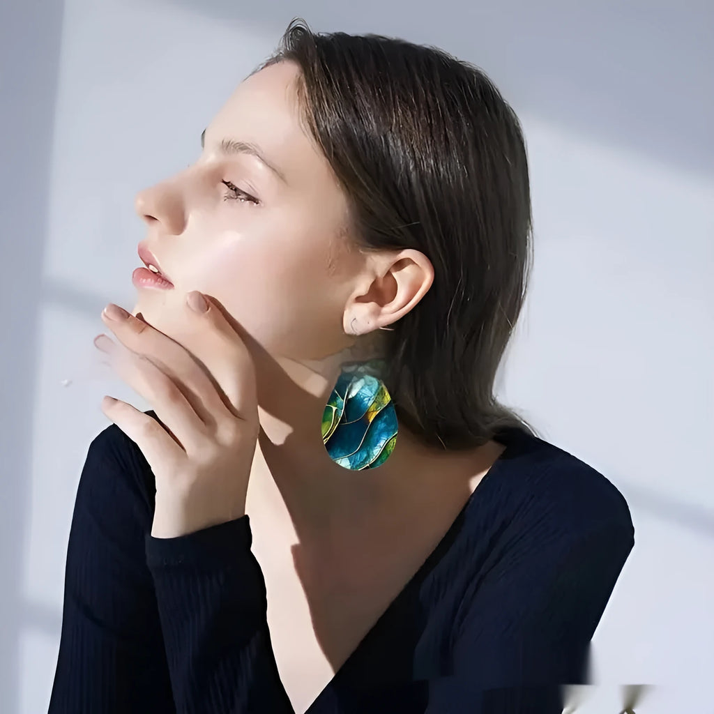 Acrylic flat branch knot drop earrings with printed surface detail in two style variations