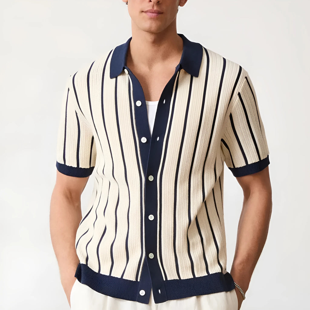Men's white knitted short-sleeve shirt with lapel collar and asymmetrical British style design