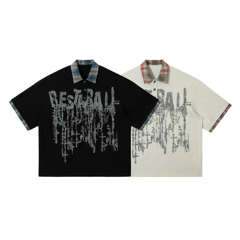 Men's loose fit cotton short sleeve top with asymmetric lapel graffiti printing in blue or red