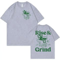 Loose fit linen T-shirt with Rise And Grind green coffee bag cartoon print, shown in multiple colours.