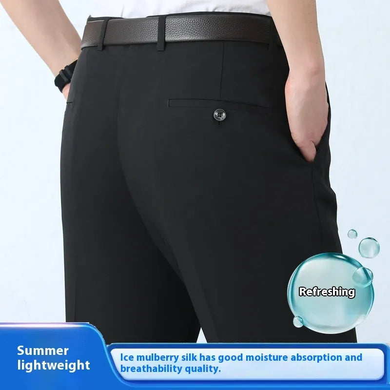 Men's straight-leg business trousers in mulberry silk blend fabric with non-iron properties