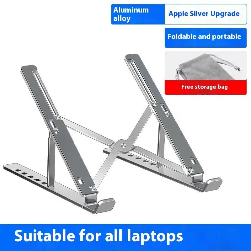 Silver aluminium alloy folding laptop stand with silicone padding for 16-18 inch devices