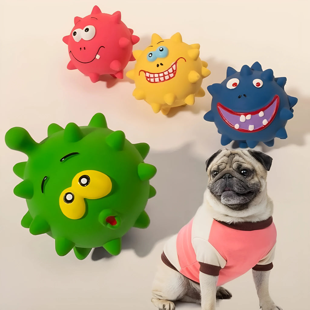 Set of four colourful natural latex rubber dog balls with cute faces and bumpy texture