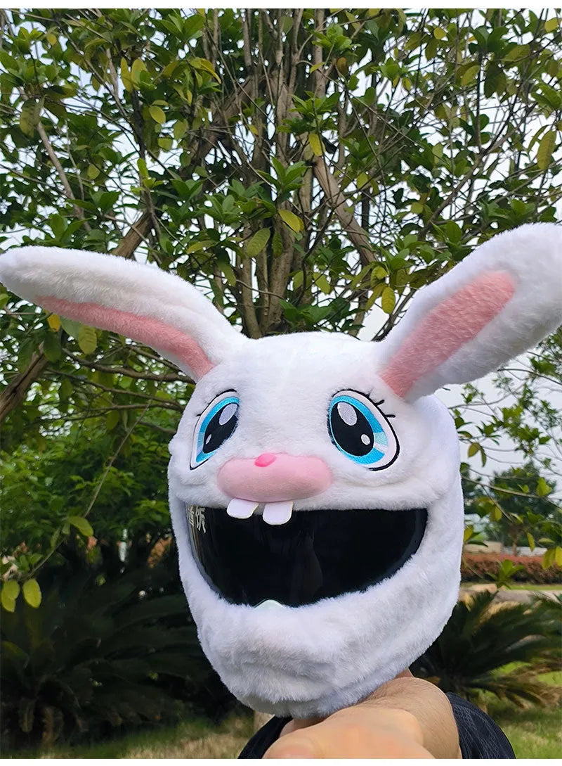 White rabbit head helmet cover with long ears made from plush PP cotton material