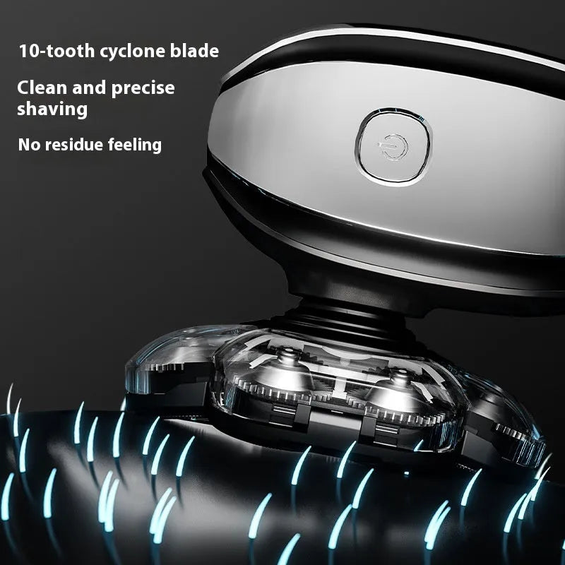 Black rechargeable 6-in-1 haircut kit with shaver, clipper, nose trimmer, attachments, and USB cable on a white background.
