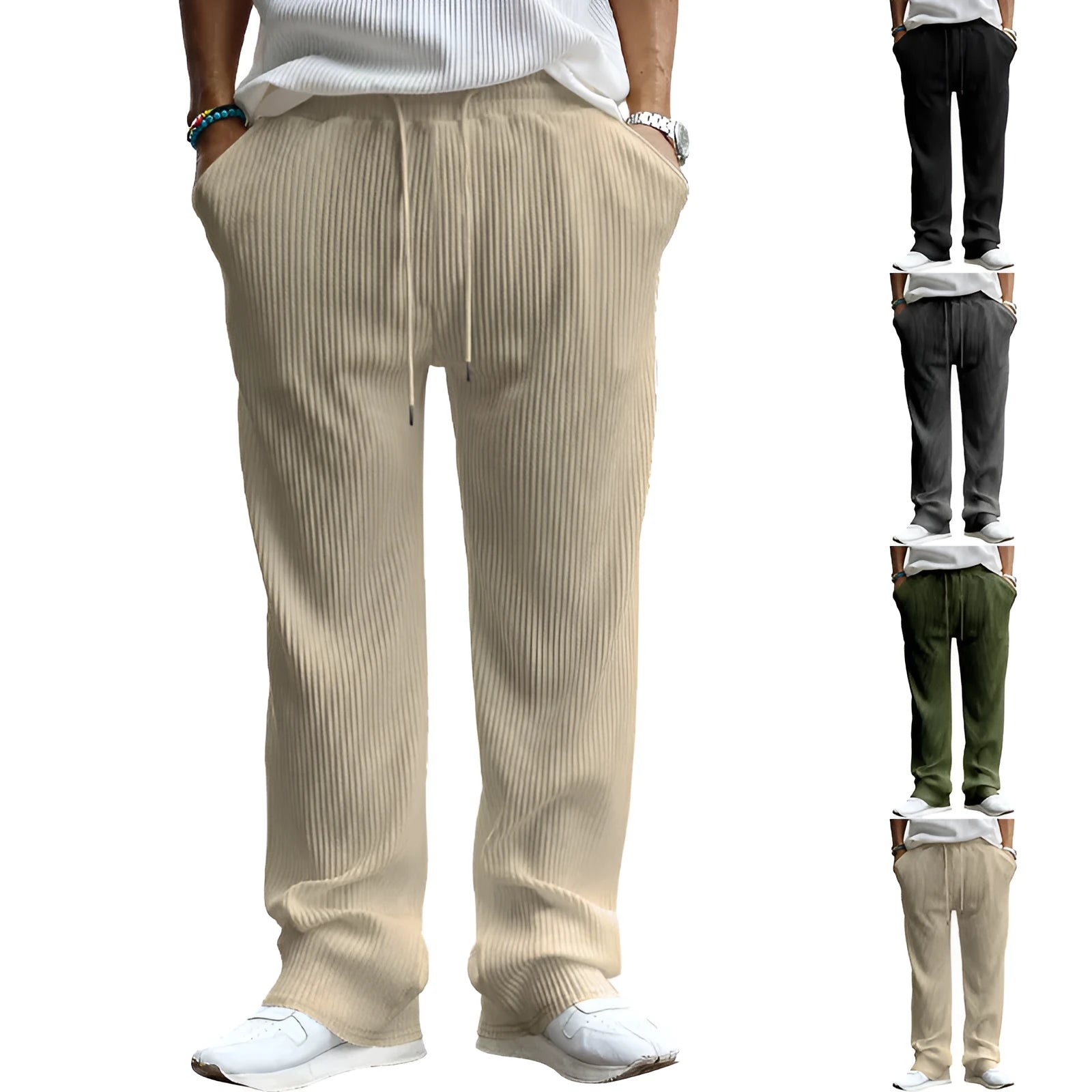 Men's striped high-waist straight-leg casual trousers in army green laid flat
