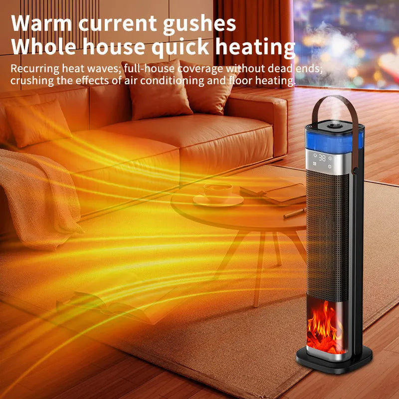 Tall, slim vertical heater with remote control and voice command function for room humidification and heating.