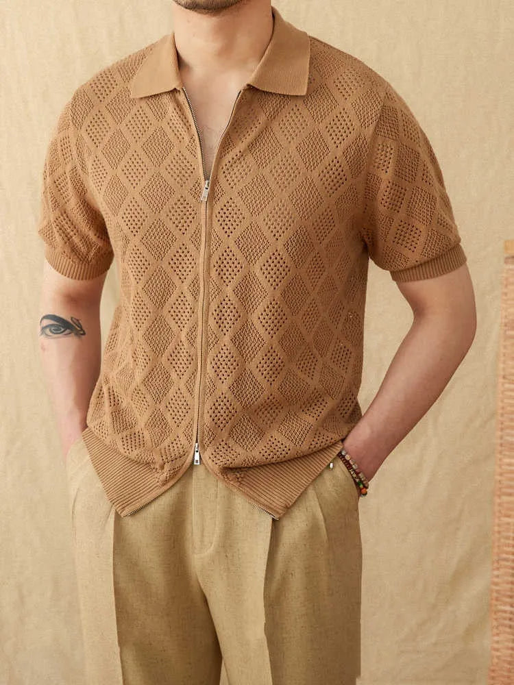 Men's light brown cotton zip-front cardigan with short sleeves and lapel collar on white background