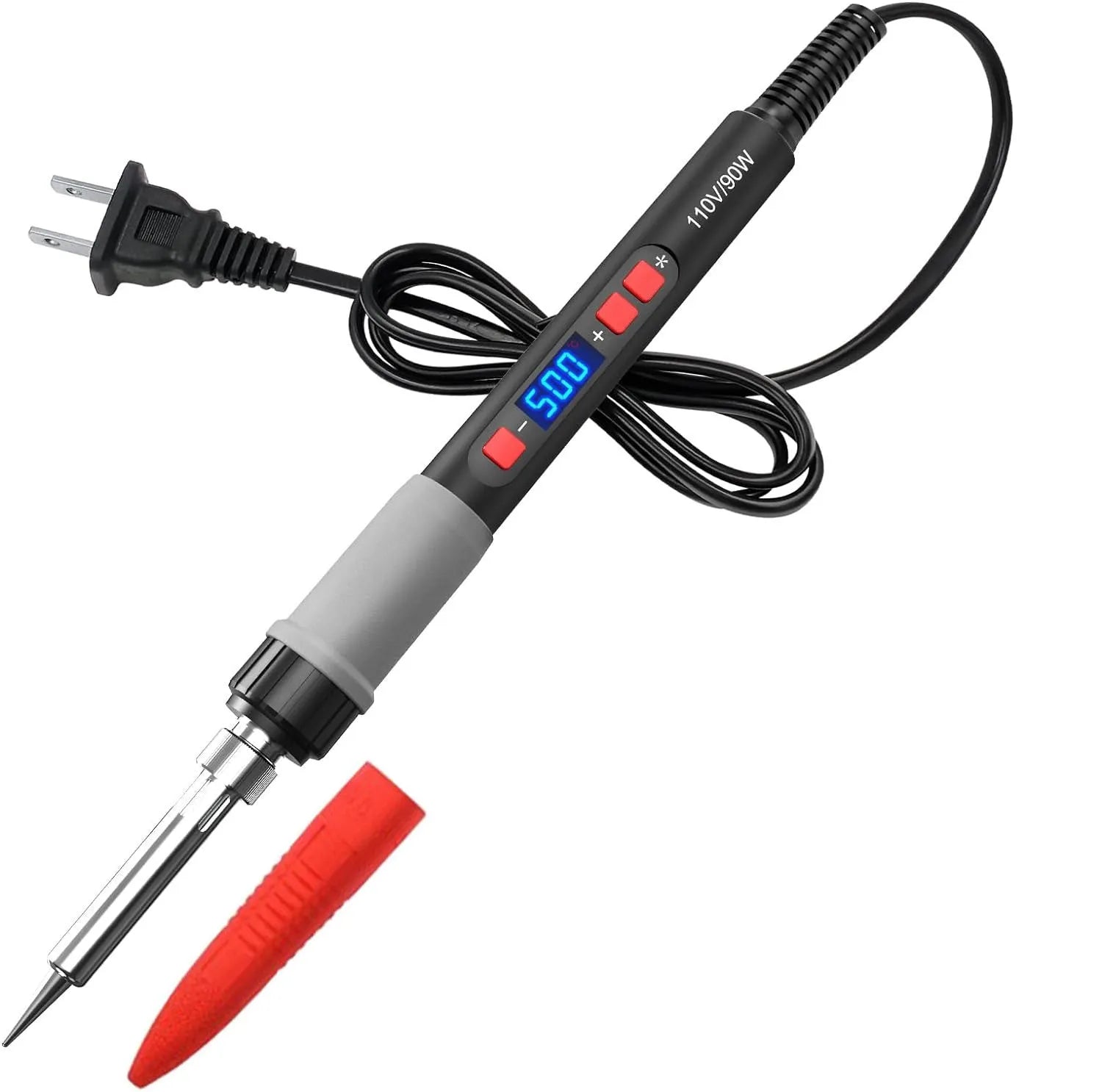 Grey 90W electric soldering iron with ceramic heating core, five tips, sponge, and tin wire on a workbench.