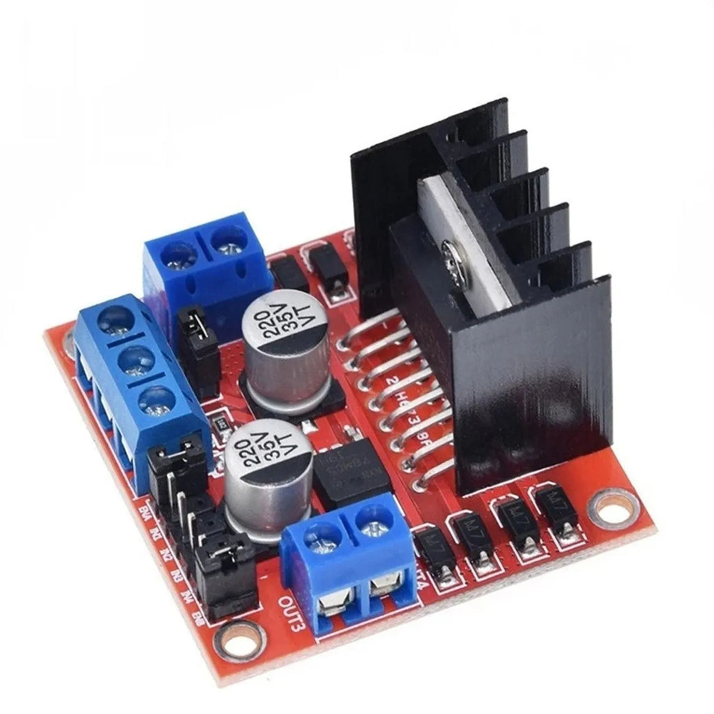 L298N dual H-bridge motor driver module on green PCB with screw terminals and pin headers