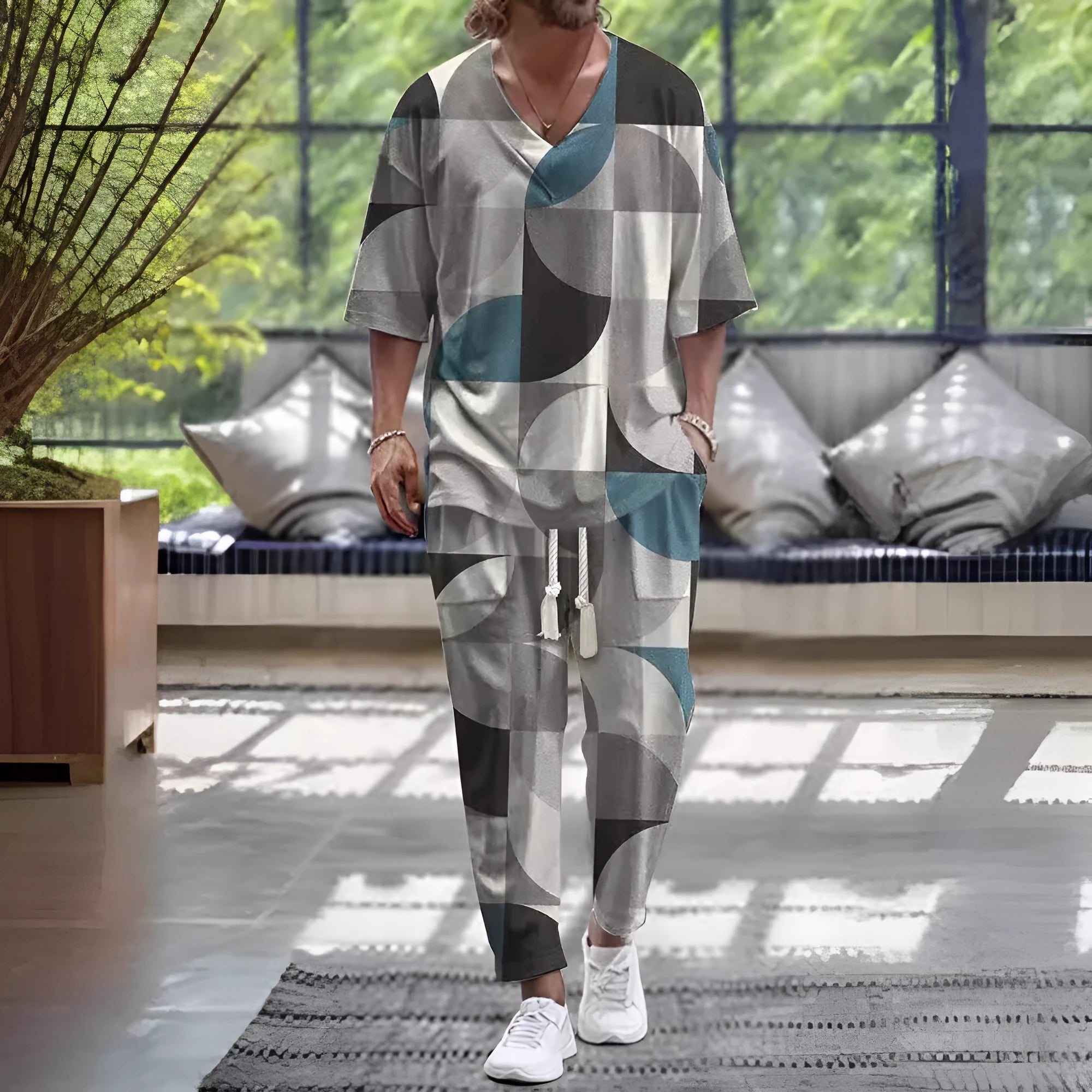 Men's cropped sleeves V-neck polyester suit in multiple colour options