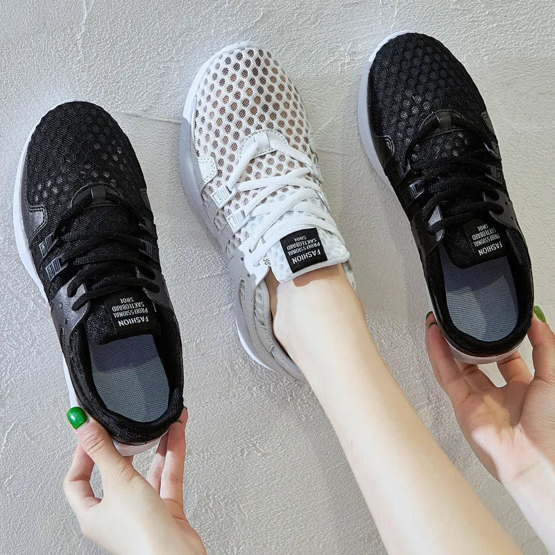 Women's low-top white mesh sneakers with hollow breathable design and casual round toe