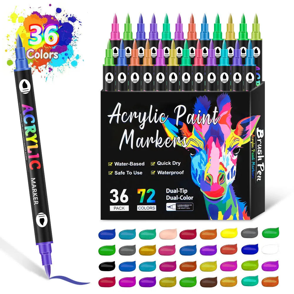 Set of double-headed acrylic marker pens showing fine and broad tips with opaque washable colours
