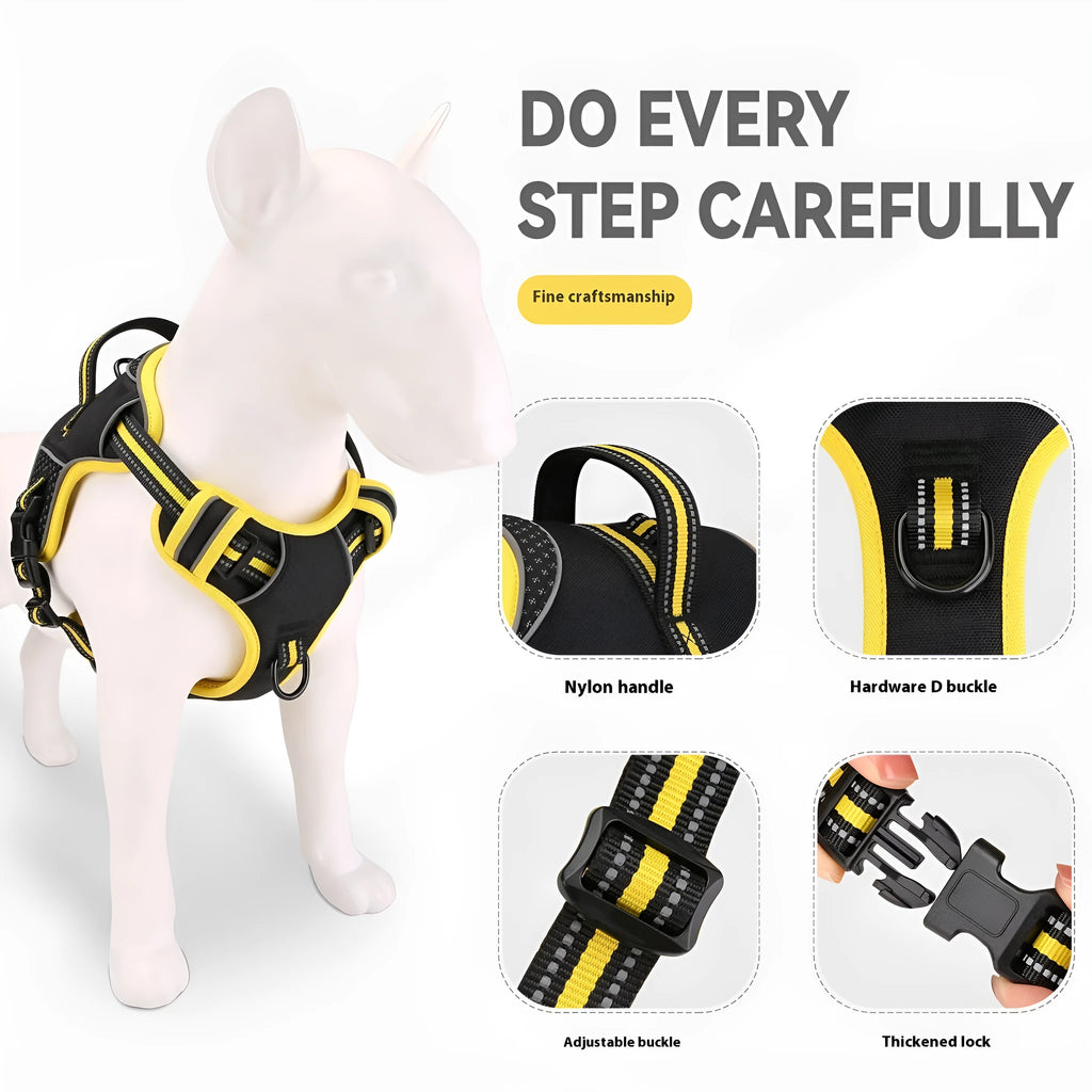 Orange polyester dog harness with traction strap adjusted on a dog for outdoor walking.