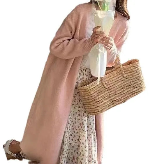 Women's mid-length knitted cardigan in loose fit with V-neck design, available in five colours