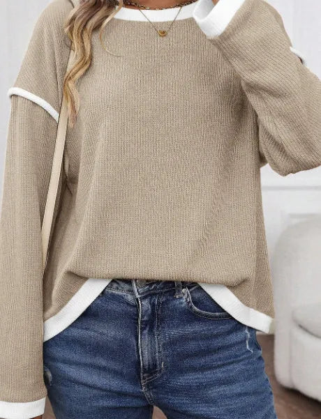 Four leaf clover contrast trim knit drop shoulder loose top in beige colour