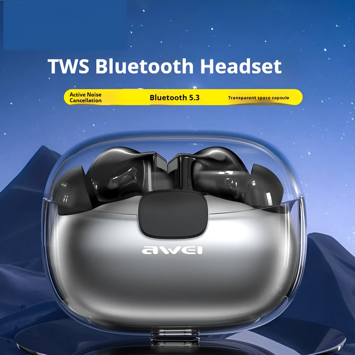 TWS Bluetooth earbuds in T52 transparent black with PC ABS housing and 10m range