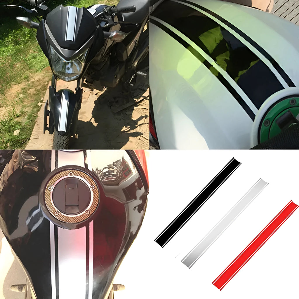 Motorcycle reflective pinstripe sticker measuring 50x4.5cm in black, red, silver, and yellow colours