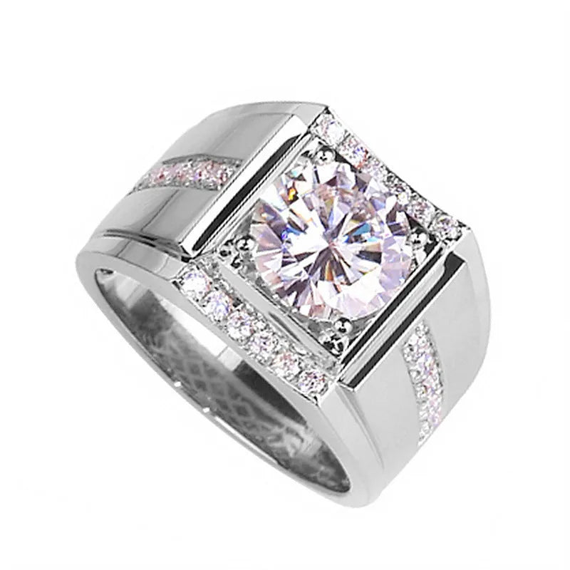 Men's adjustable imitation moissanite ring in metallic electroplated finish with geometric diamond pattern