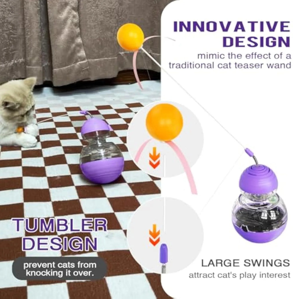 Interactive cat toy with yellow ball teaser and slow food dispenser in rocking base