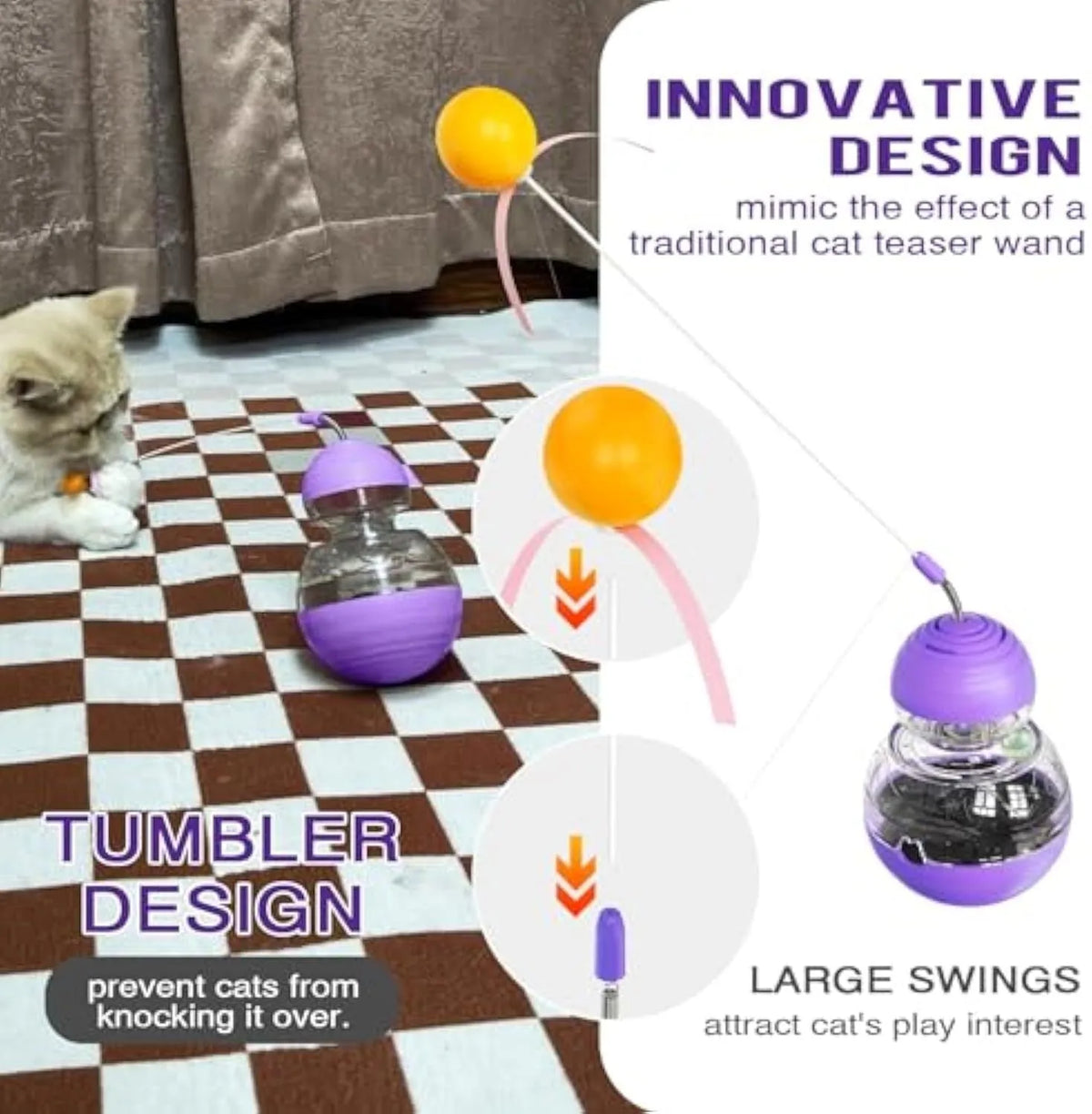 Interactive cat toy with yellow ball teaser and slow food dispenser in rocking base