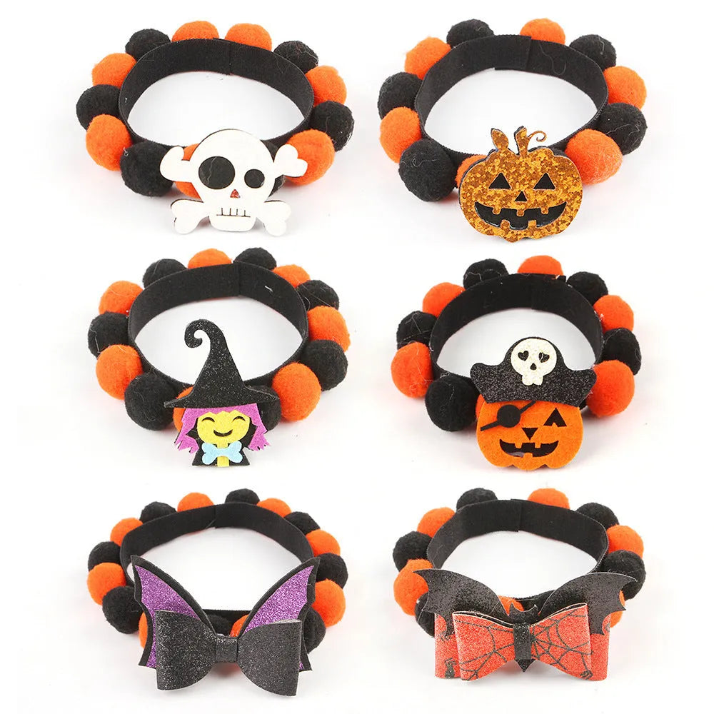 Halloween pet collar with fur ball pumpkin accessory in six festive designs for cats and dogs