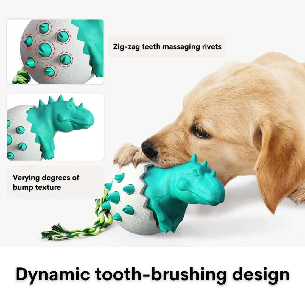 Durable dinosaur-shaped dog chew toy with rope attached, shown in blue colour