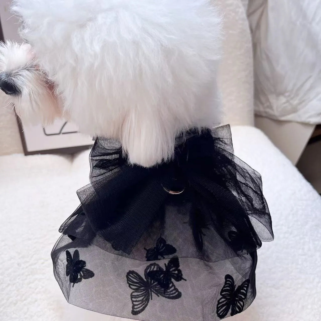 Black polyester tulle princess skirt for small dogs or cats shown on size chart