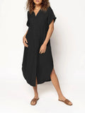 Women's loose casual button-front mid-length dress in solid colour on a hanger.