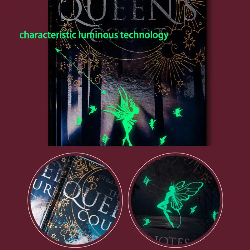 Blue A5 hardcover luminous notebook with retro night elves illustrations open to show full-colour interior pages