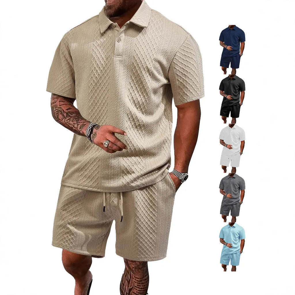 Men's patterned cloth casual short sleeve suit set with polo shirt and trousers on a hanger
