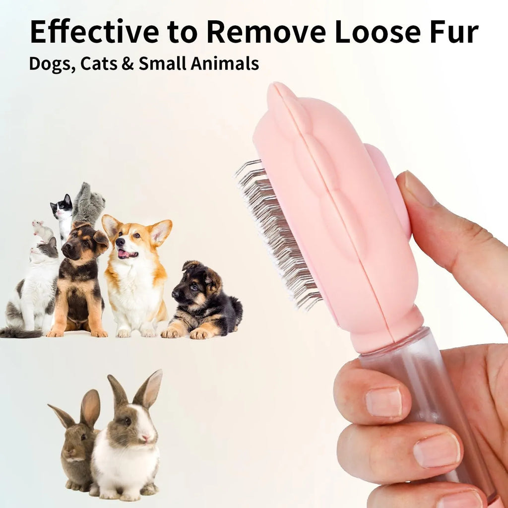 Grey spray cat brush with a release button and stainless steel bristles on a white background.