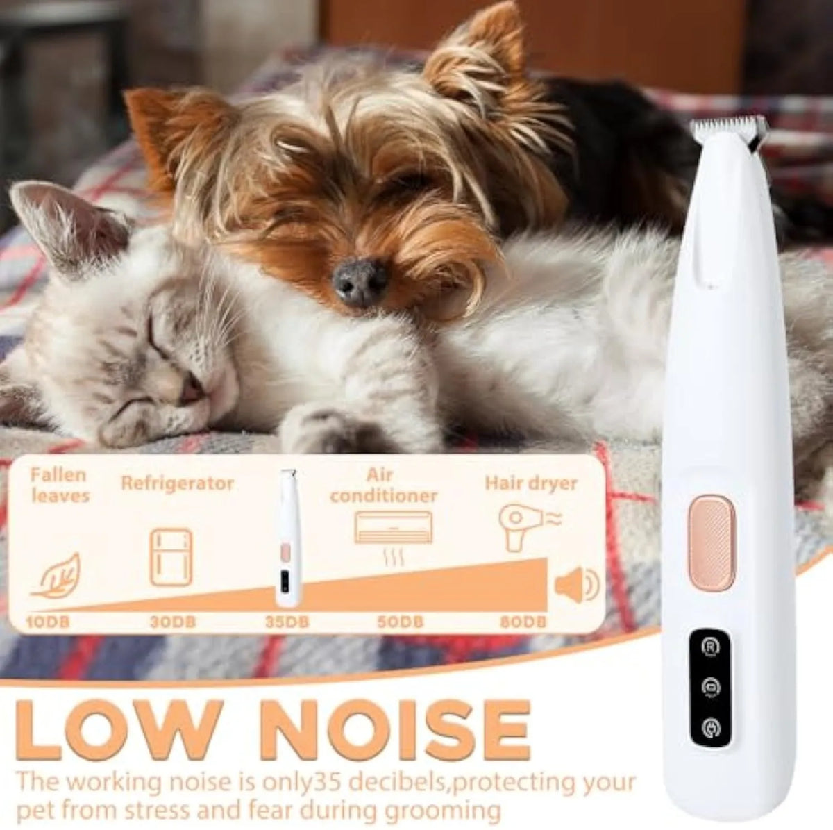 White rechargeable electric dog paw trimmer with LED light on a grey background.
