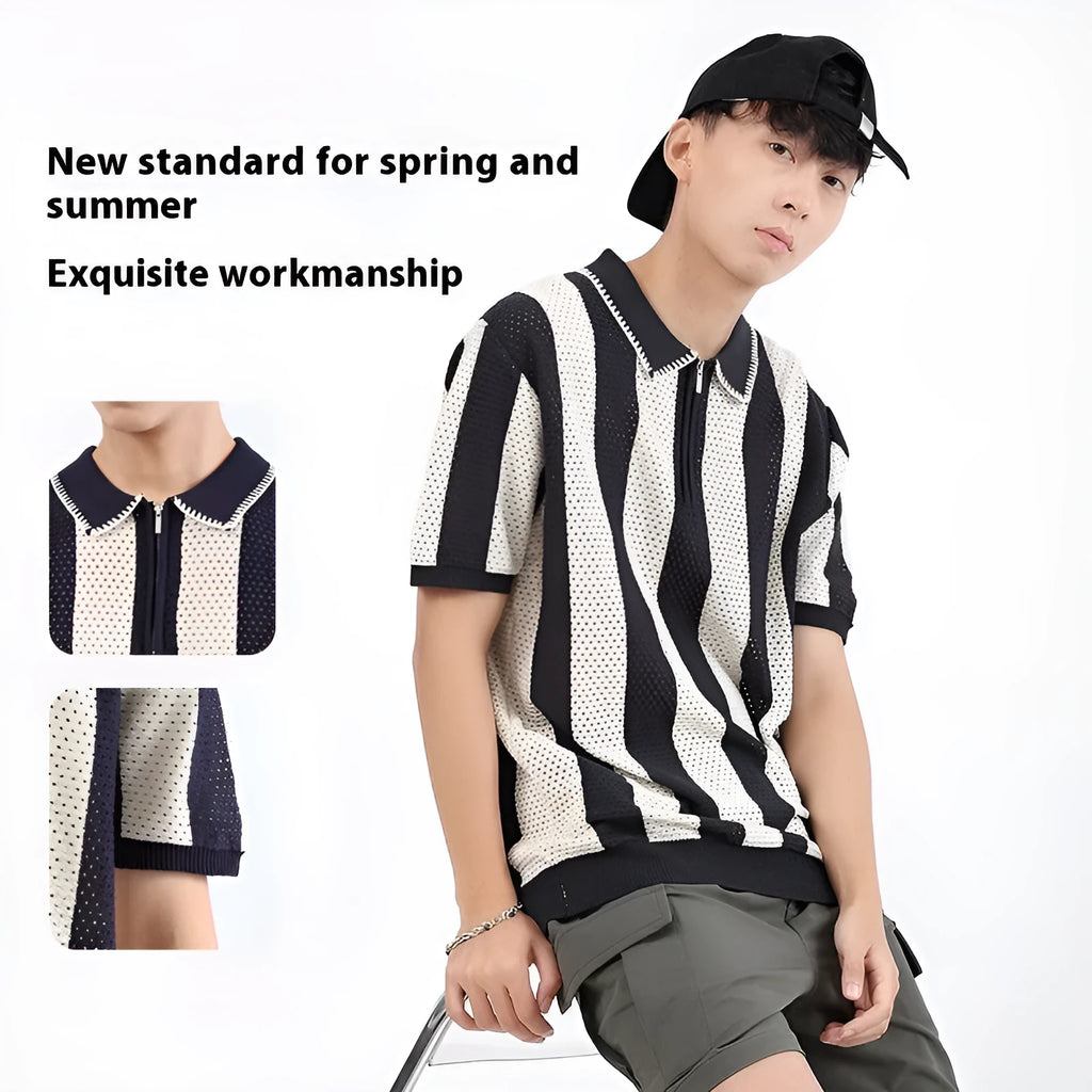 Men's striped ice silk summer sweater with zip detail in five colour options