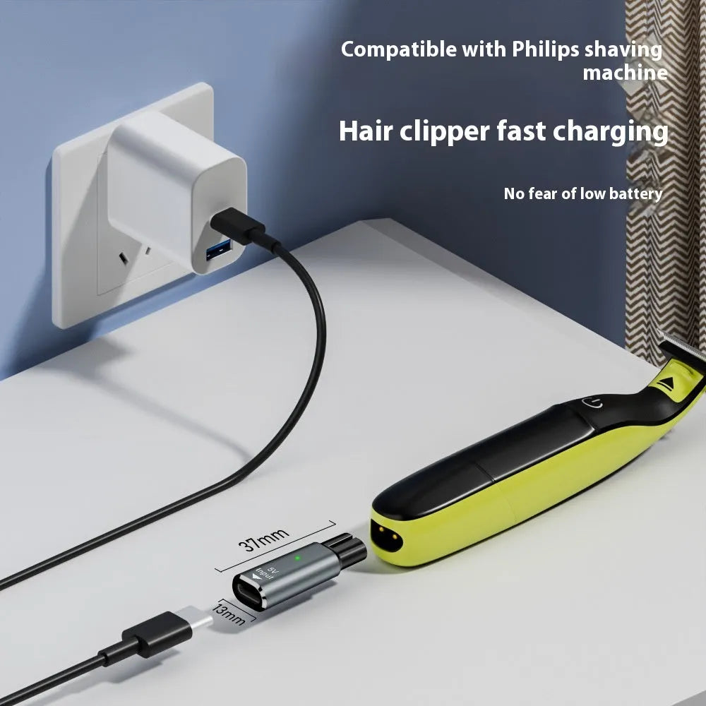 Black USB-C charging adapter for electric shavers with aluminum alloy construction