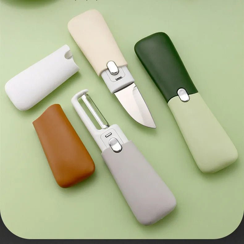 Multi-functional 2-in-1 stainless steel peeler with paring knife in avocado green, vibrant orange, or elegant grey