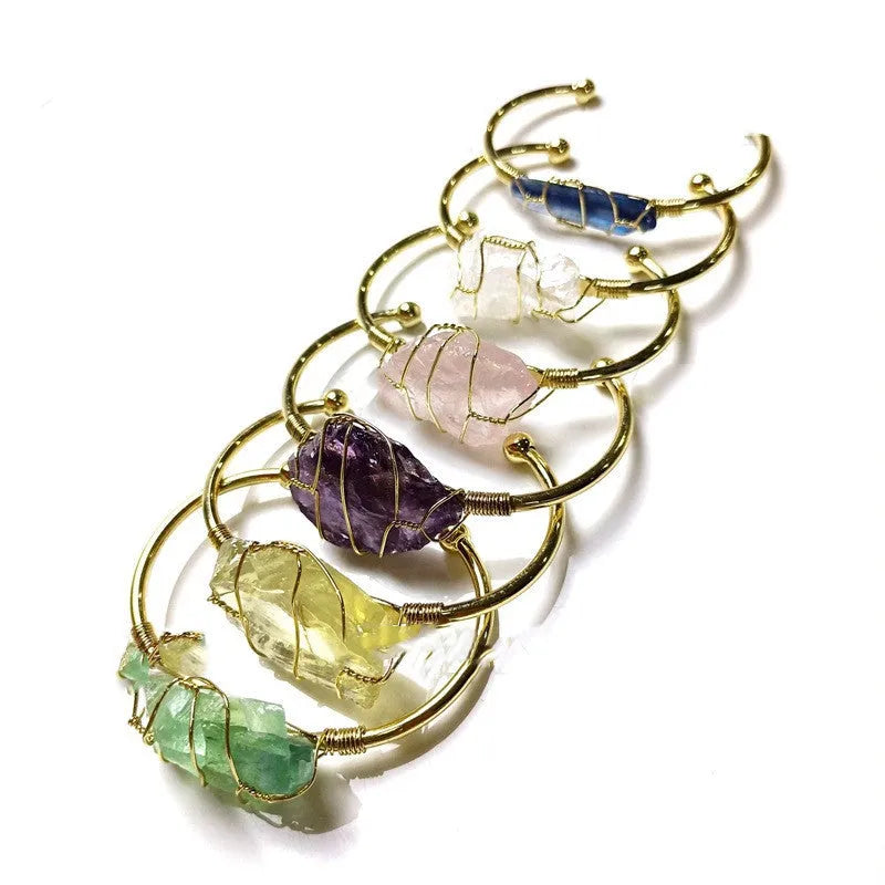 Natural crystal rough stone bracelet with gold winding geometric design in mixed colours