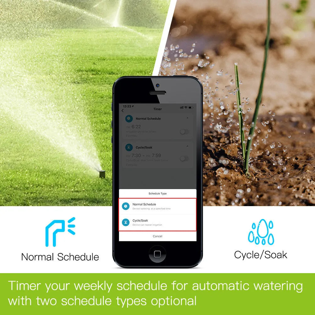 Bluetooth garden irrigation sprinkler timer with smartphone app control for remote watering scheduling