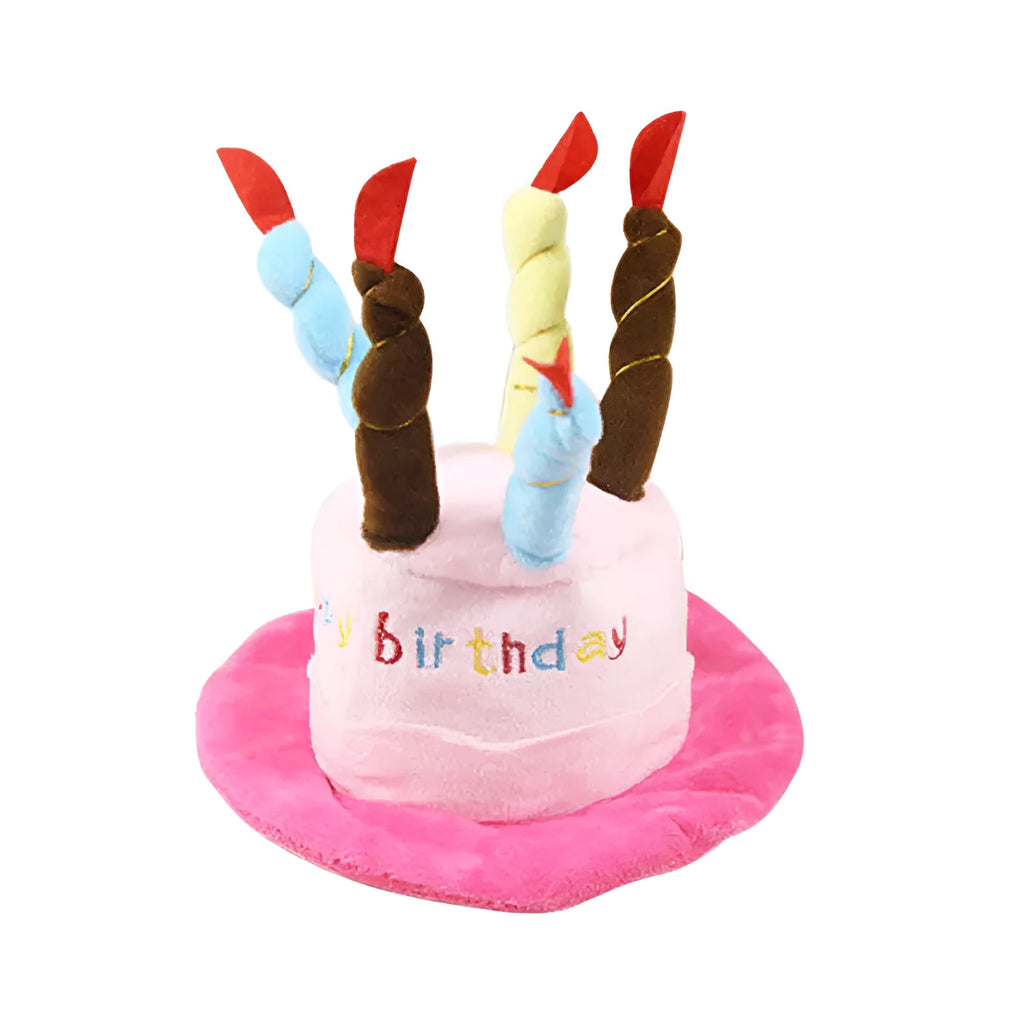 A blue or pink birthday hat for small dogs, shown with dimensions of 21cm by 15cm.