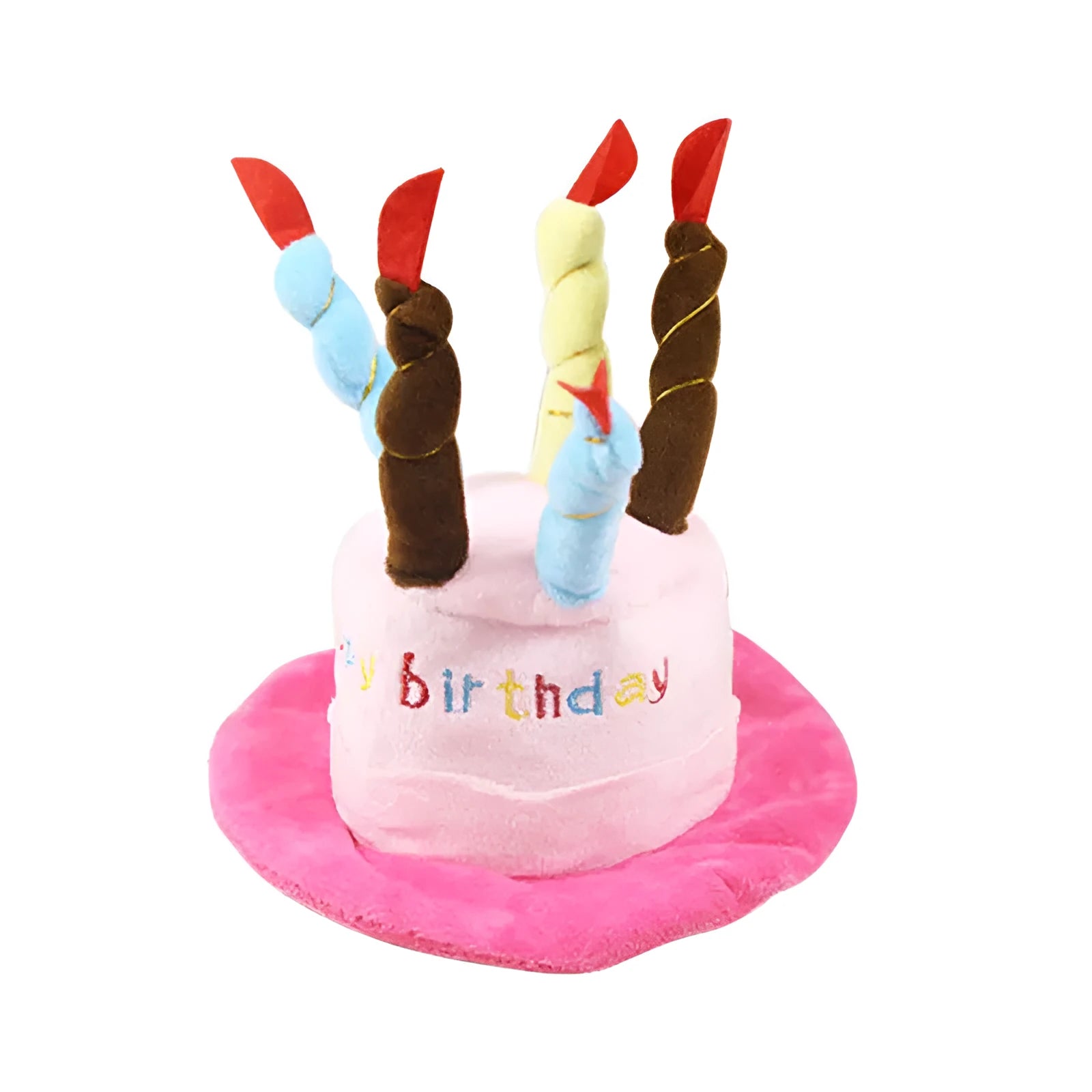 A blue or pink birthday hat for small dogs, shown with dimensions of 21cm by 15cm.