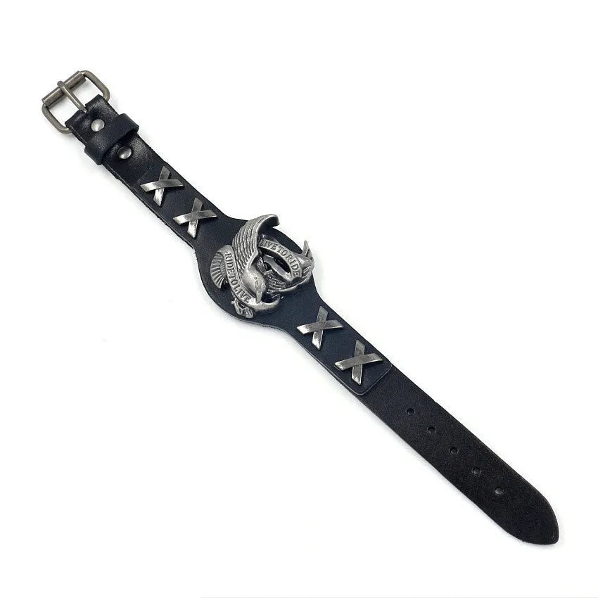Black geometric eagle design alloy watch-buttom bracelet with leather strap