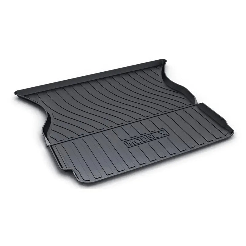 Tesla floor mats made from black rubber with textured TPE footrest section for Model 3, Y, S, and X vehicles