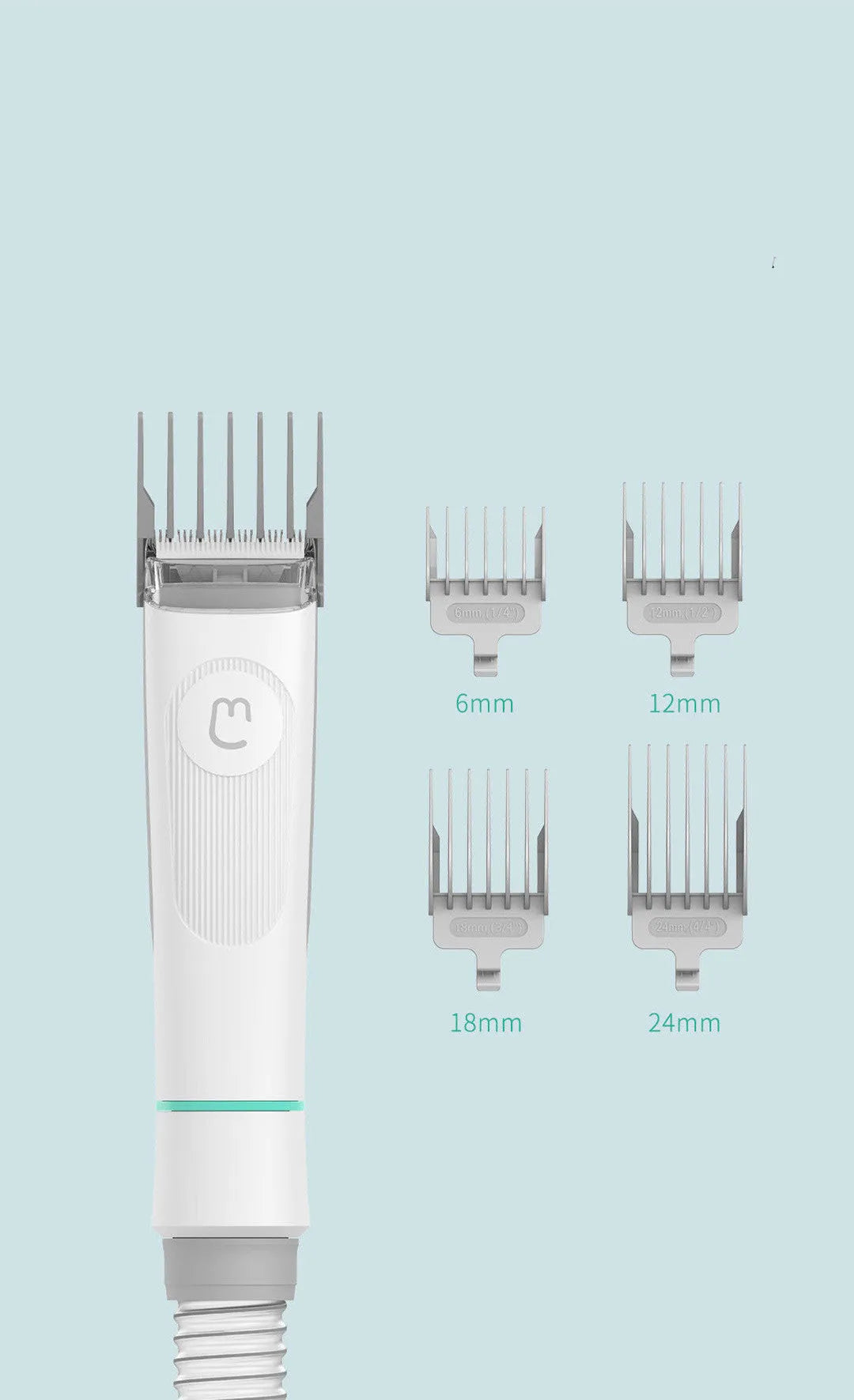 White pet hair clippers grooming kit with stainless steel blades, scissors, combs, and cleaning brush on a table