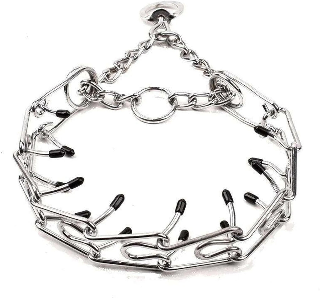 Stainless steel dog training pinch collar with rubber tips showing adjustable chain links