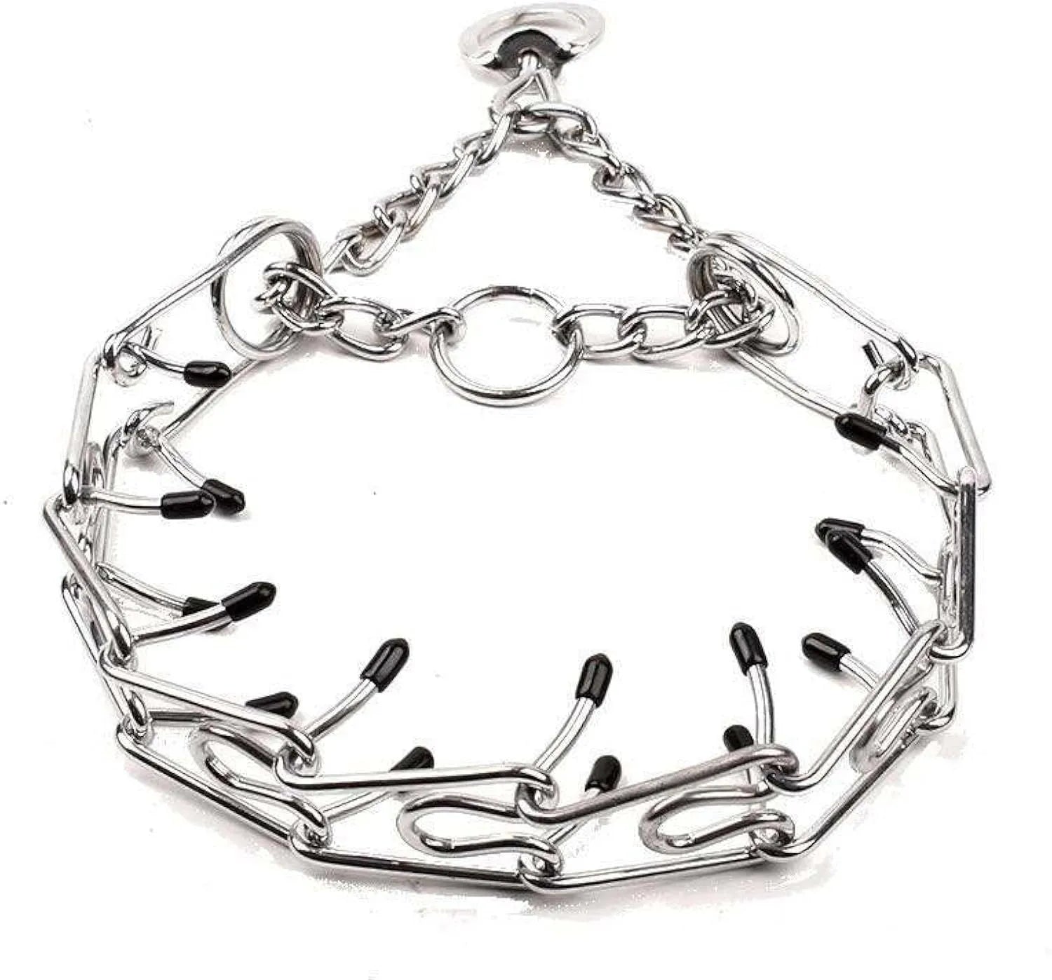 Stainless steel dog training pinch collar with rubber tips showing adjustable chain links
