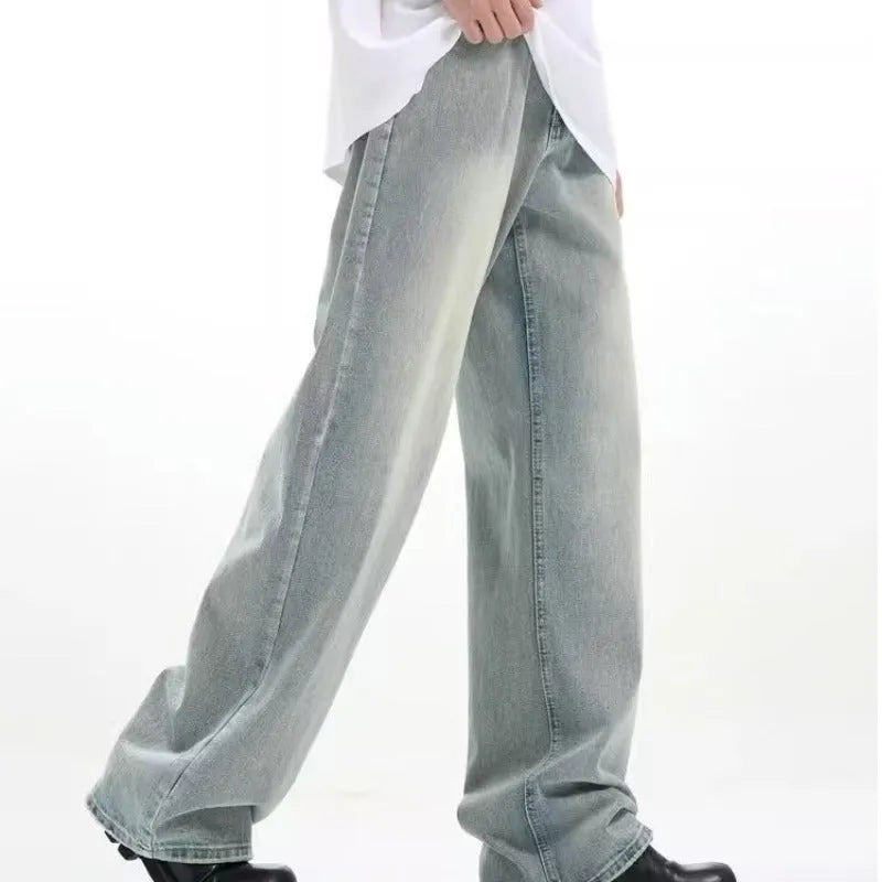 Blue retro trousers with rabbit fur fabric and loose fit design on hanger