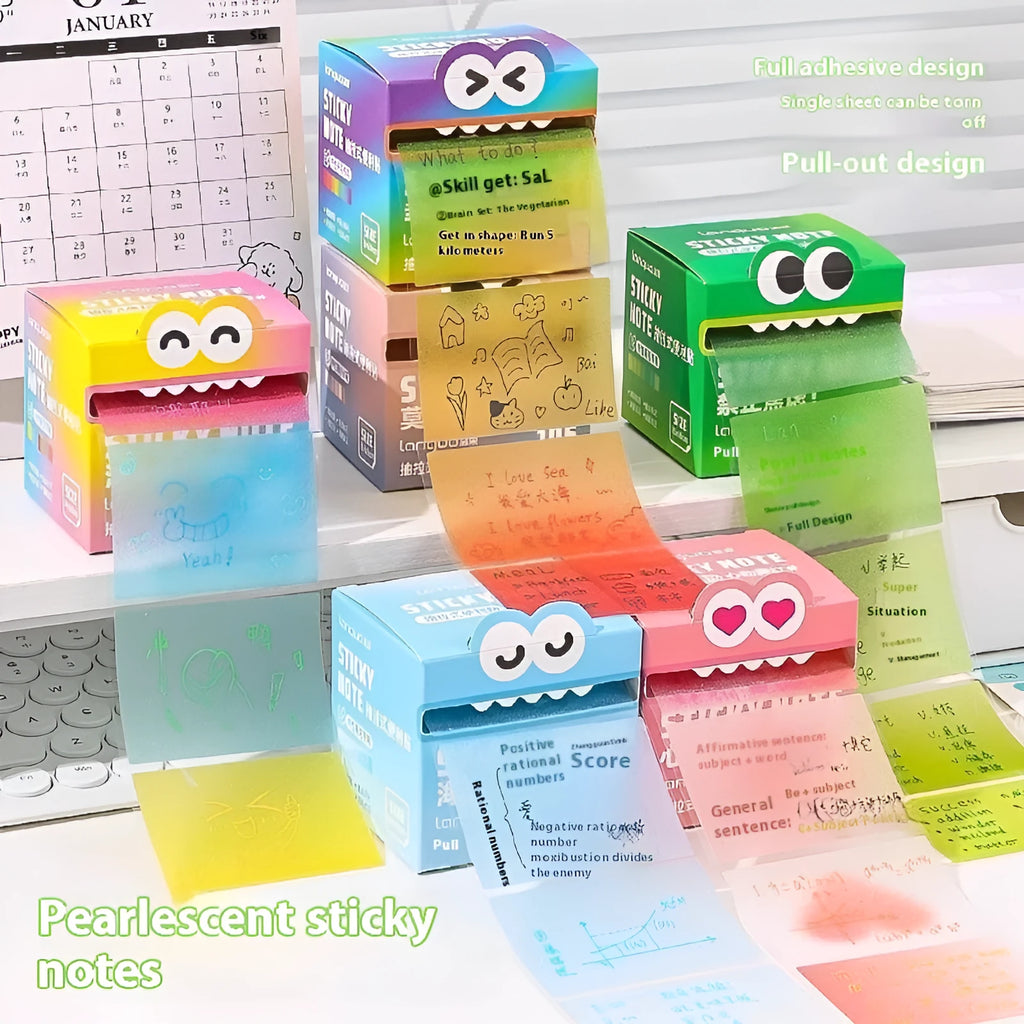Pearl gradient transparent pull-out sticky notes showing 105 pages with six colour theme options