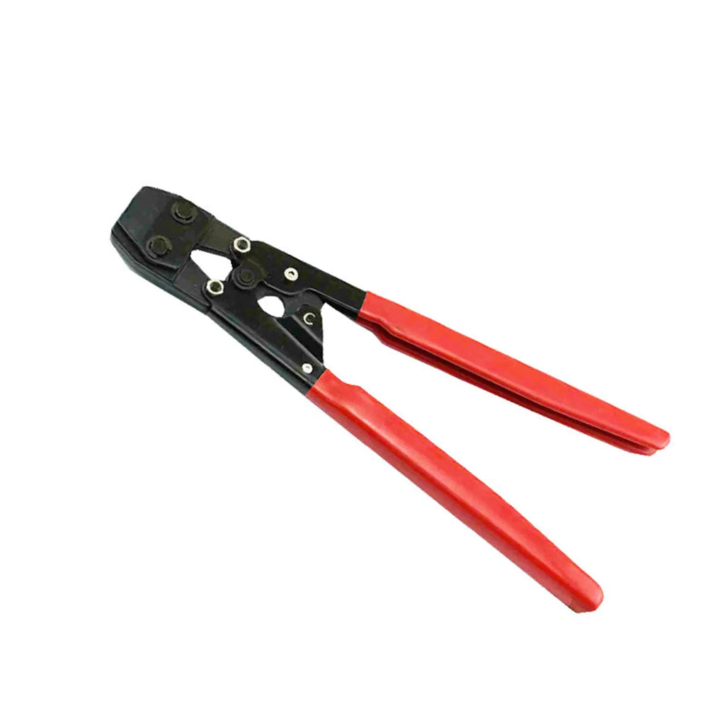 Red cloth style single ear PEX clamp set with metal construction and carbon steel cutting edge