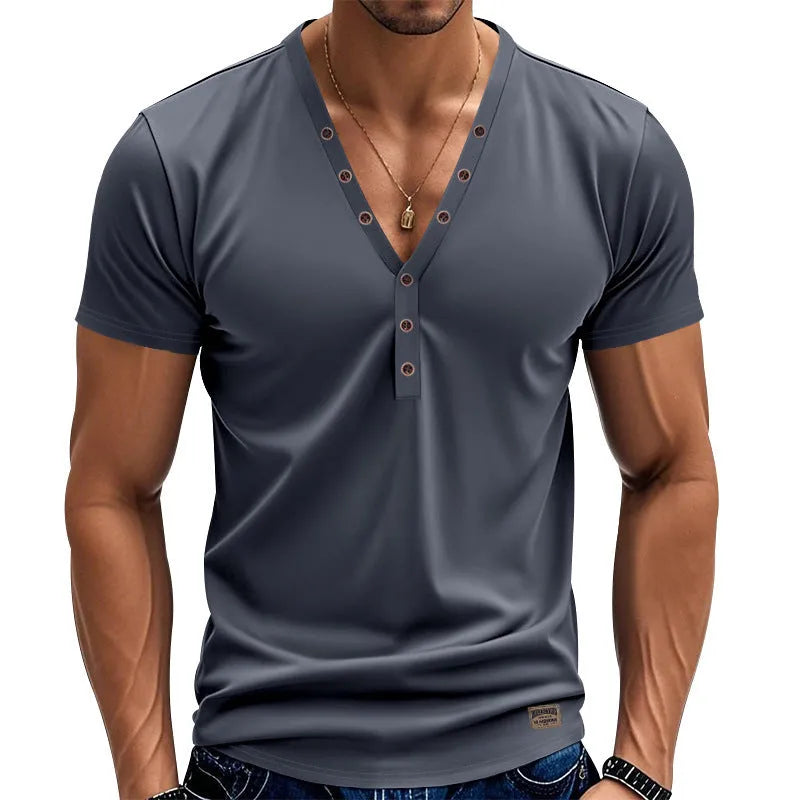 Men's loose thin trendy V-neck top with buttons design in chemical fibre blend fabric available in multiple colours